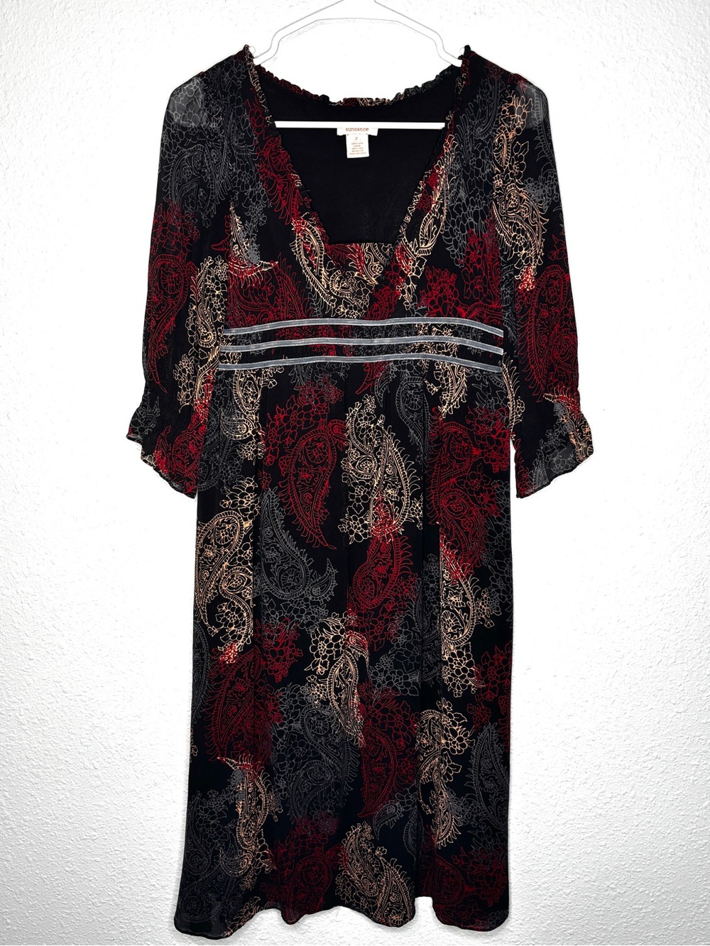 Sundance Black Paisley Print Silk Midi Dress w/ Velvet Ribbon Waistband 2